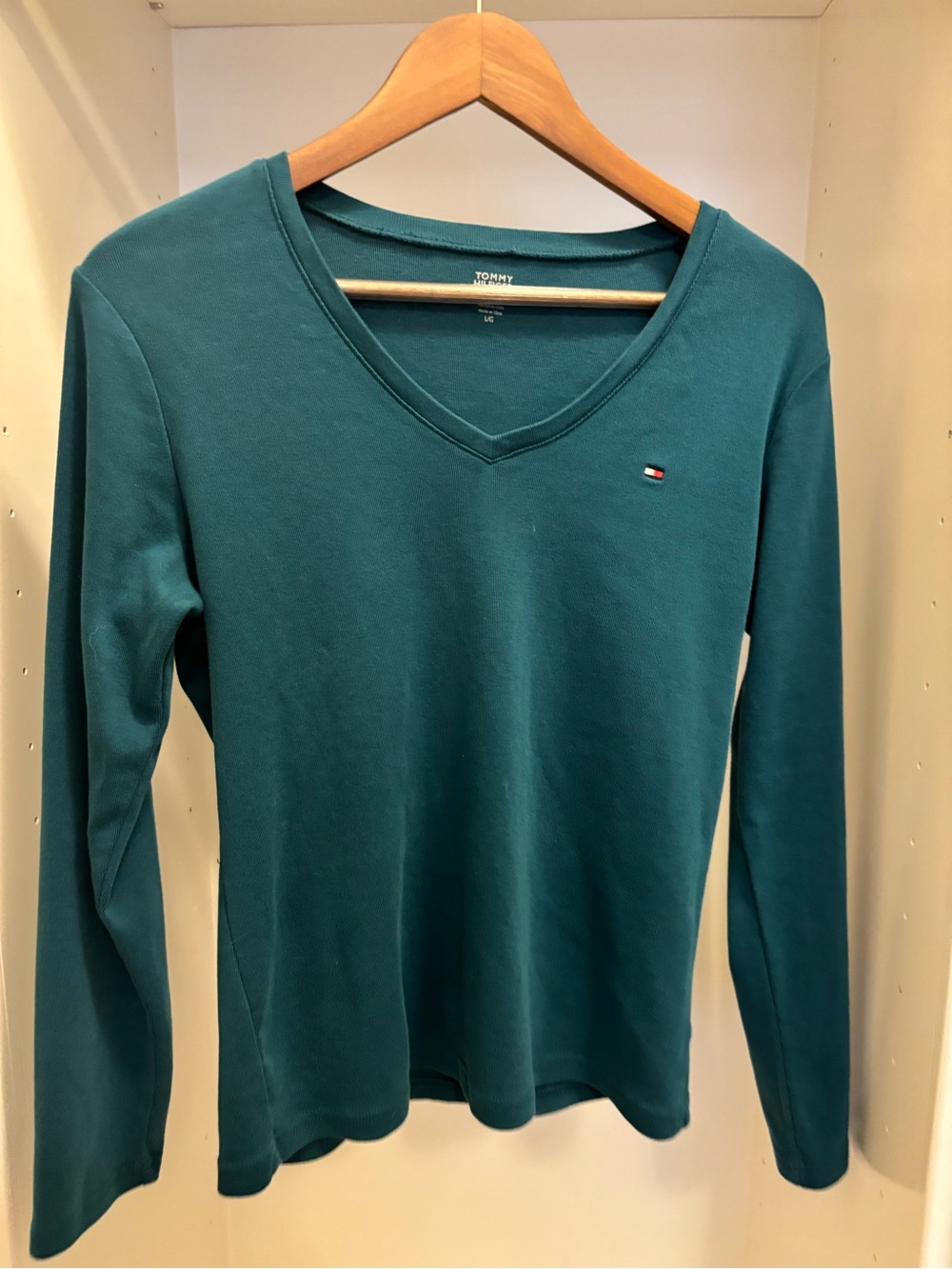 Tommy Hilfiger Teal V-Neck Long Sleeve Top Large